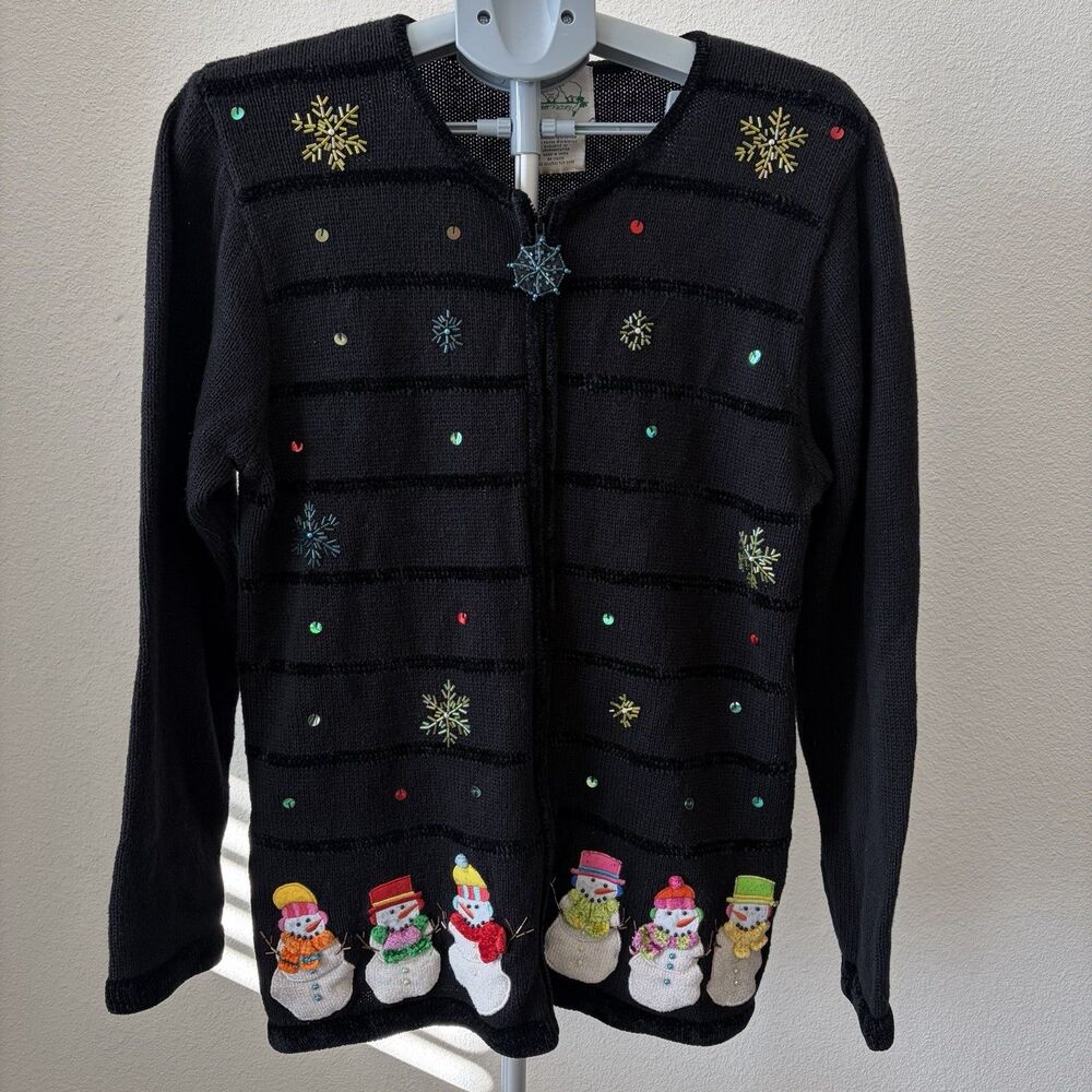 Vintage Quacker Factory Snowman Christmas Holiday Cardigan Sweater Size Medium‎